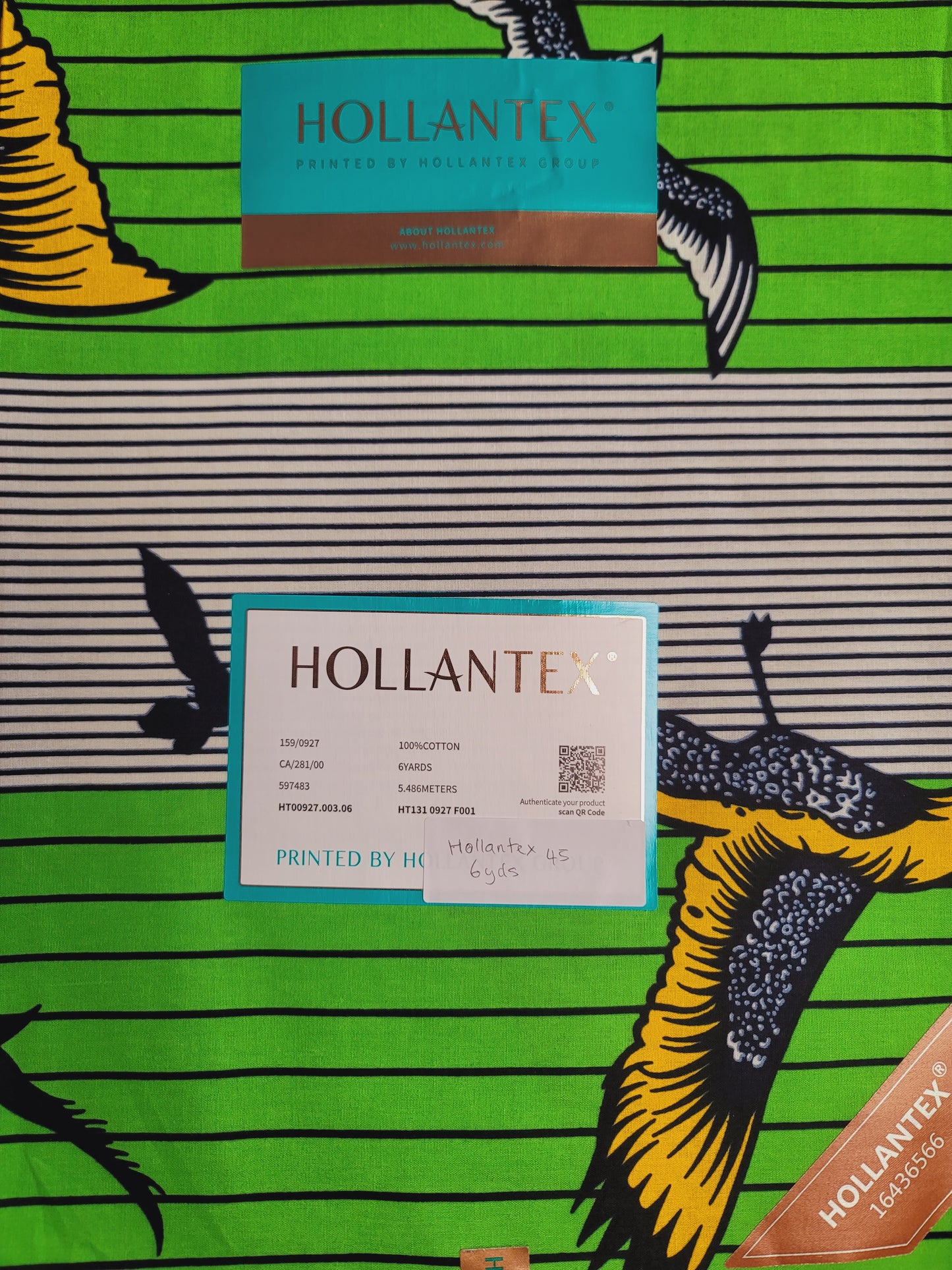 African Print Hollantex green birds 6 yards 100% Cotton